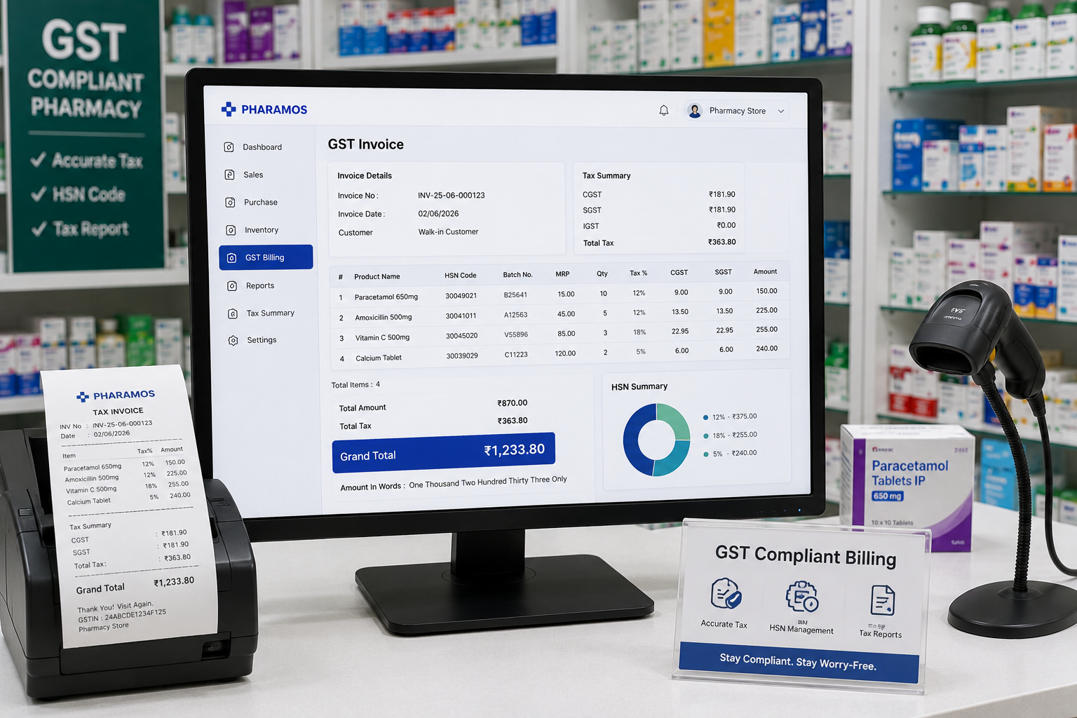 GST calculation and compliance dashboard in pharmacy billing software