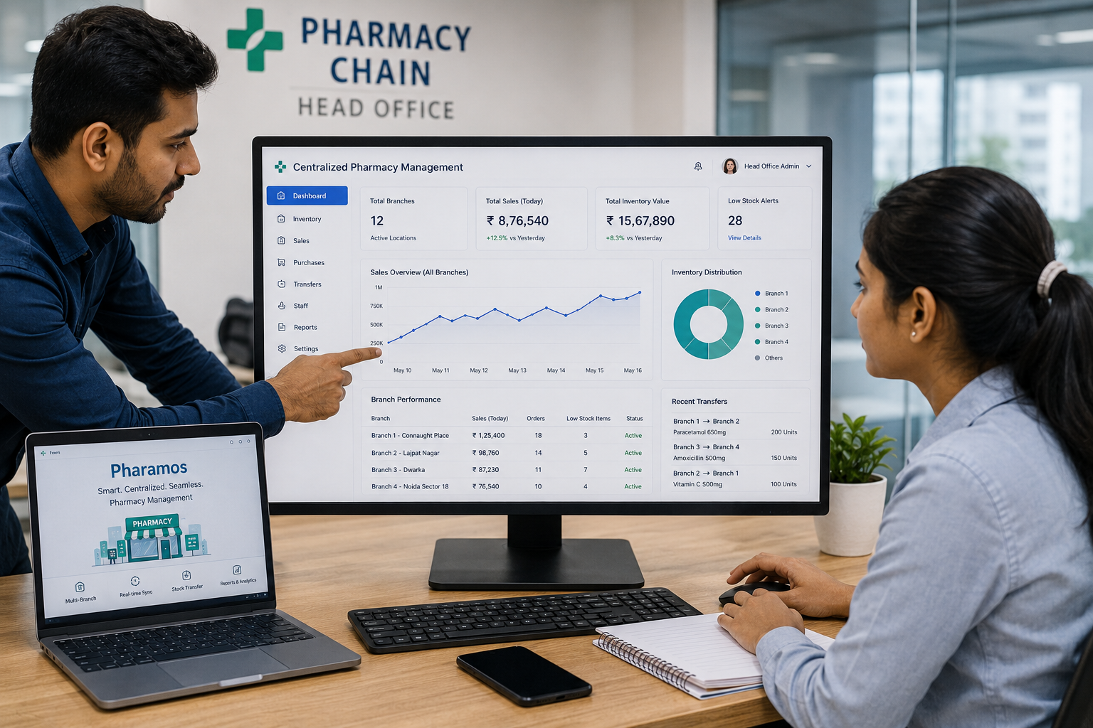 Centralized multi-branch pharmacy management network dashboard